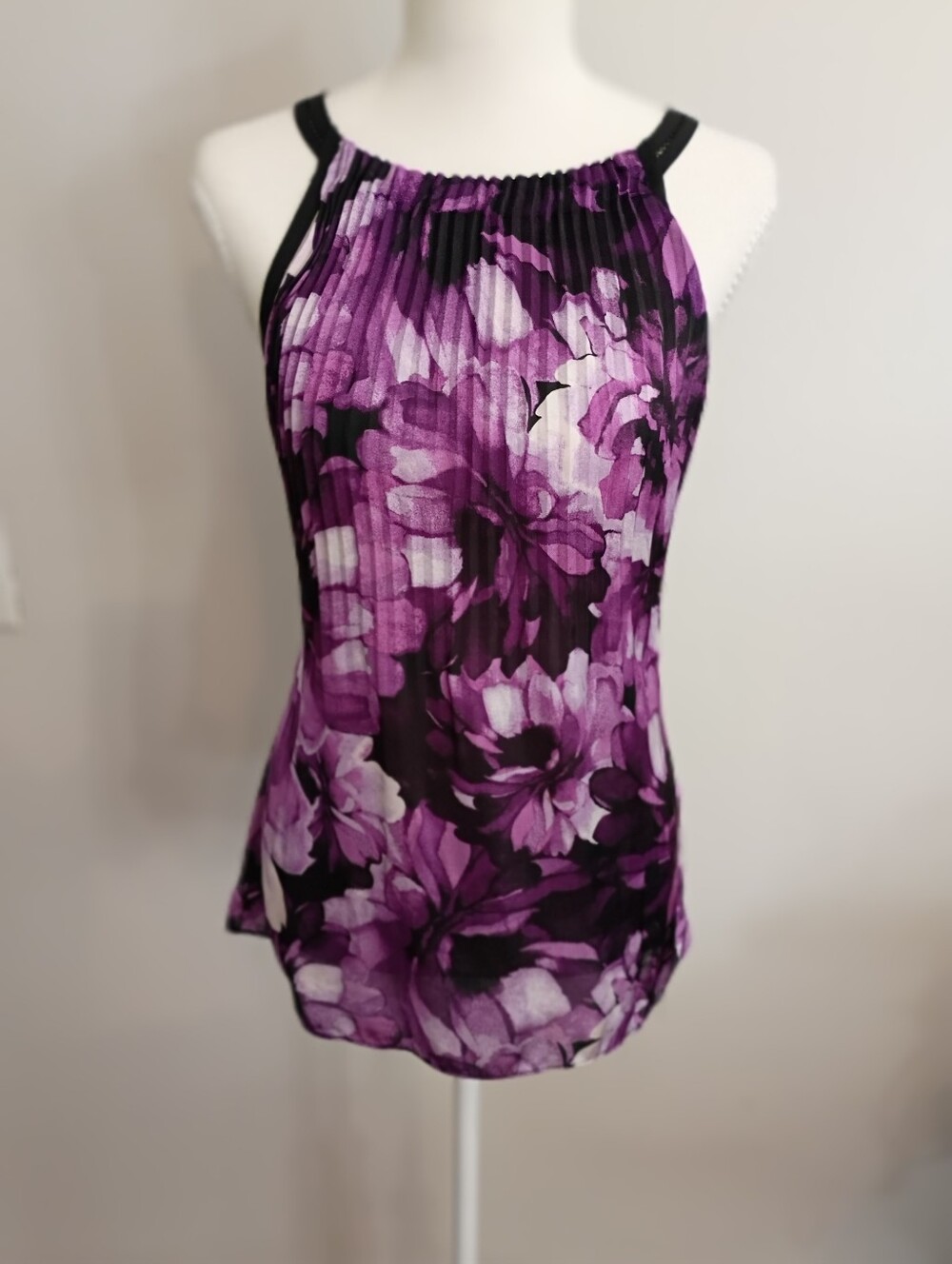 White House Black Market Purple Floral Pleated Halter Cami